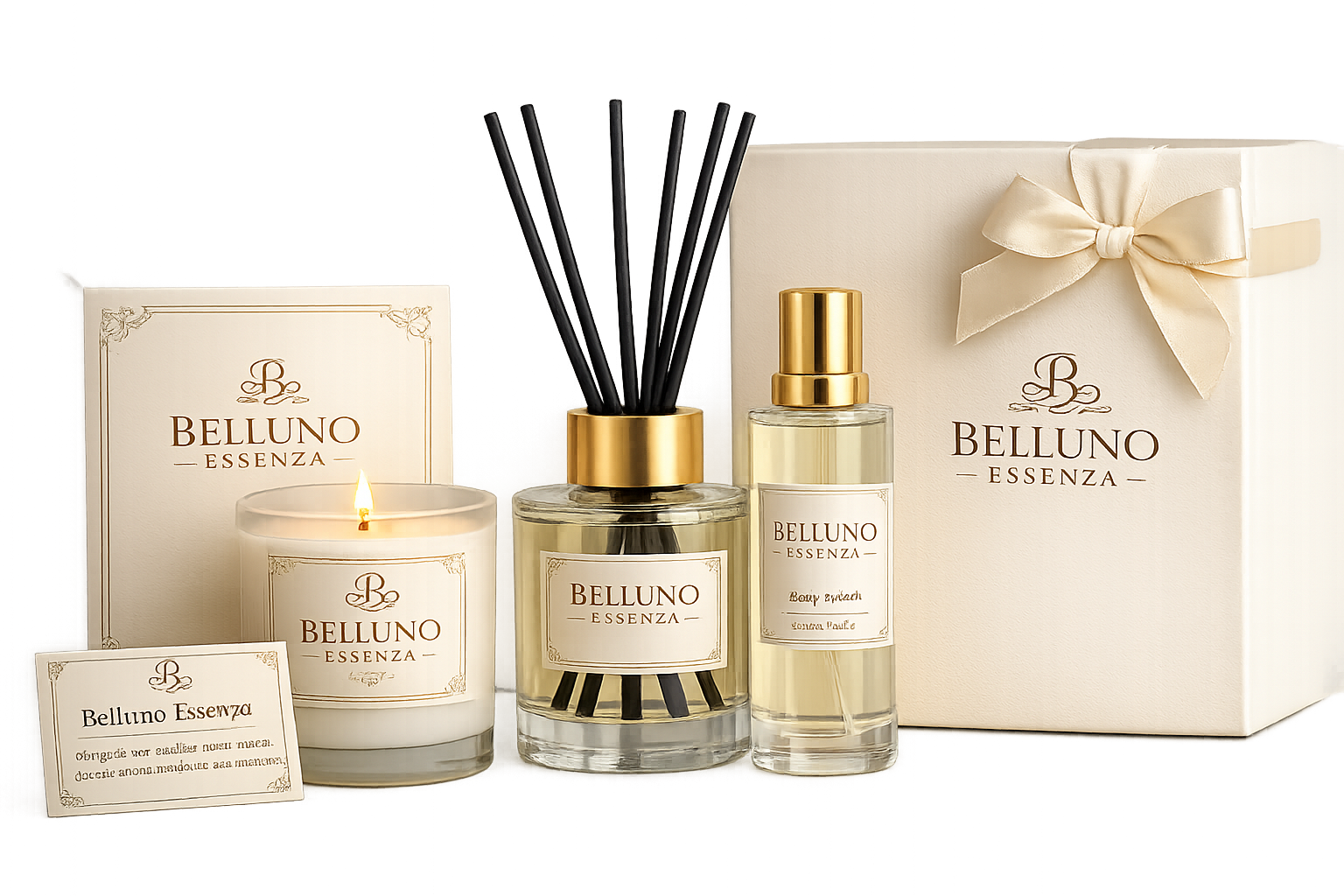 Coleção Belluno Essenza com vela, difusor e embalagem presenteável